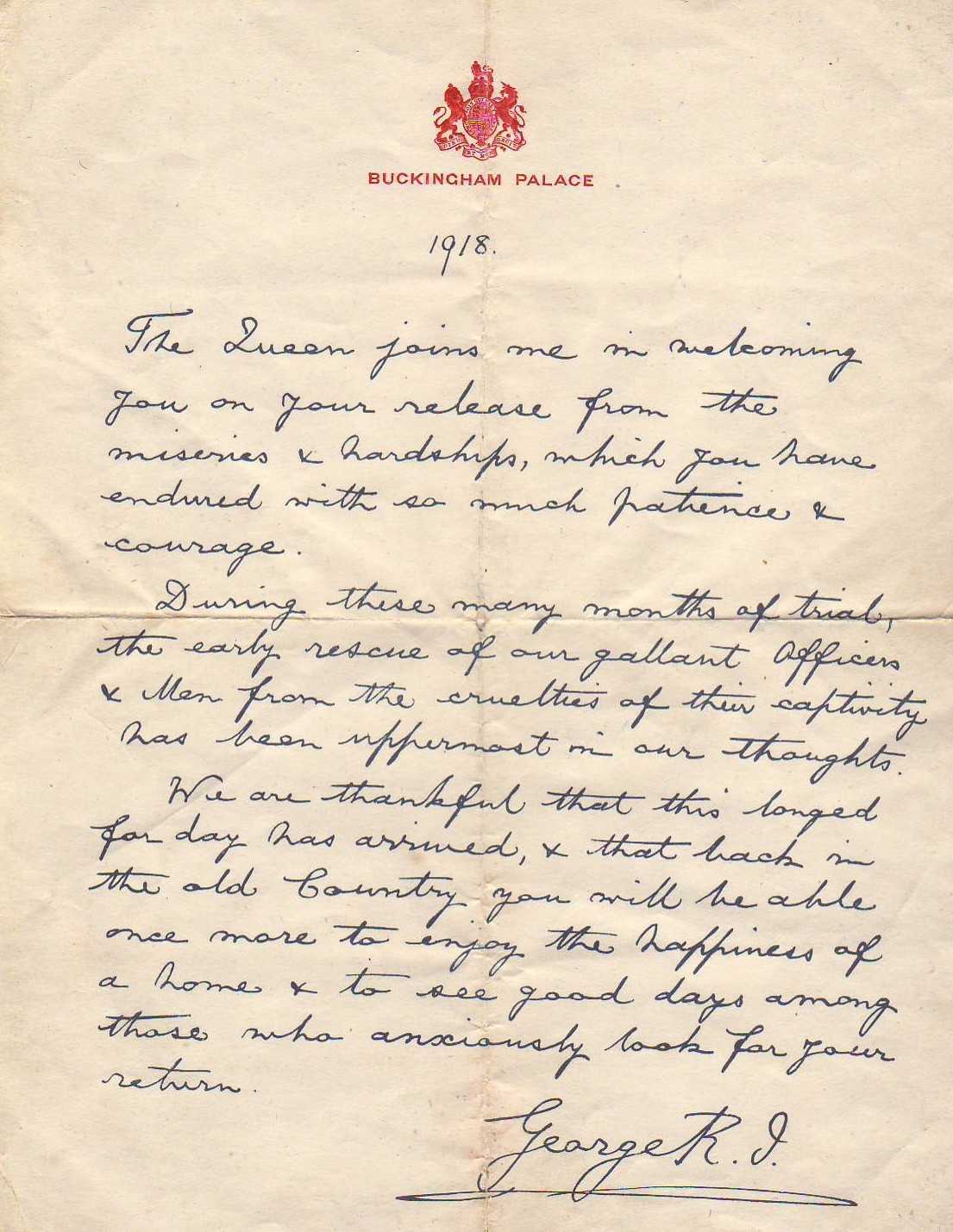 King George V's hand-written message to the prisoners of war in Germany